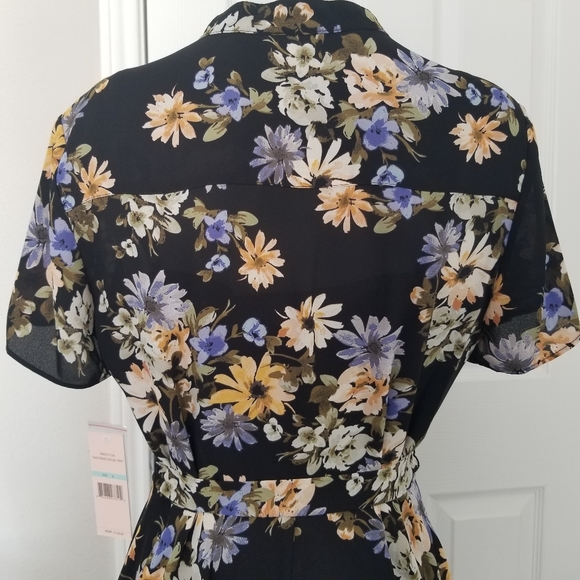 nanette Black Dream Cloud Midi Dress 8 Belted NWT Floral Short Sleeve Flowy - Picture 9 of 16